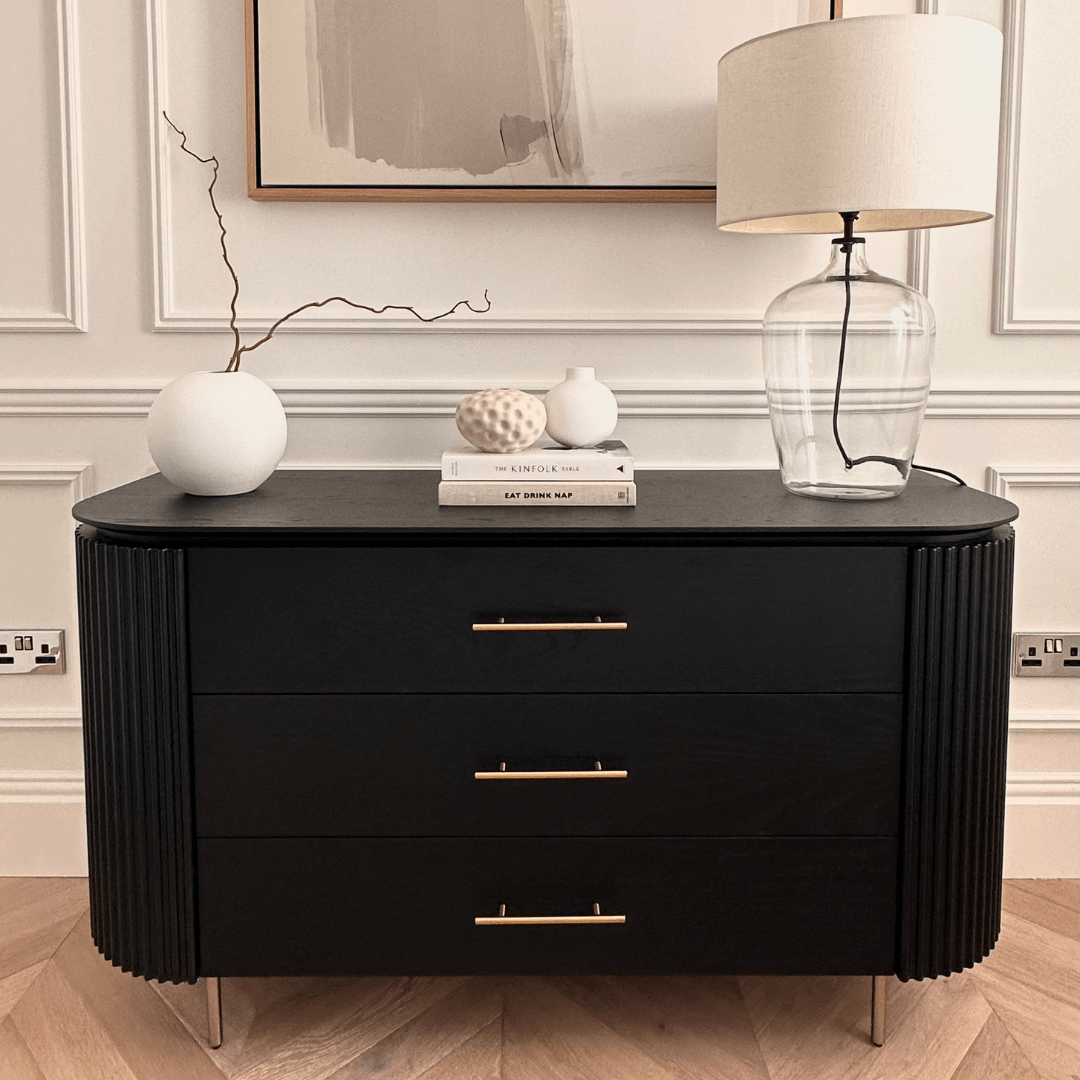 Lantine 3 Drawer Dresser - Black Oak & Brass.