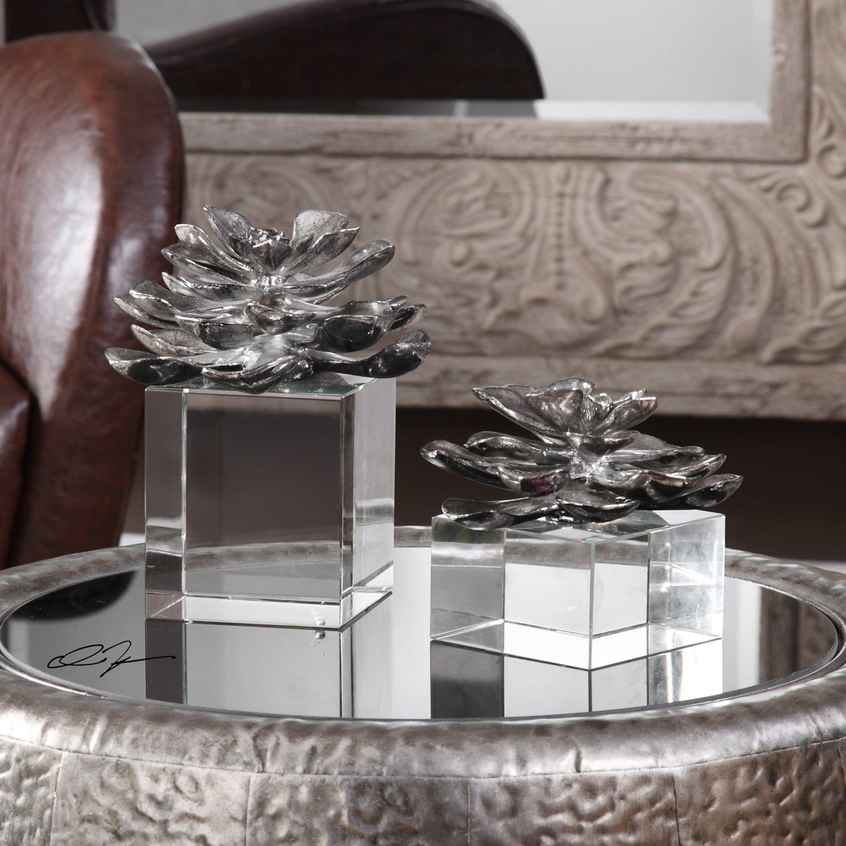 Uttermost Accessories Indian Lotus Metallic Silver Flowers S/2 House of Isabella UK