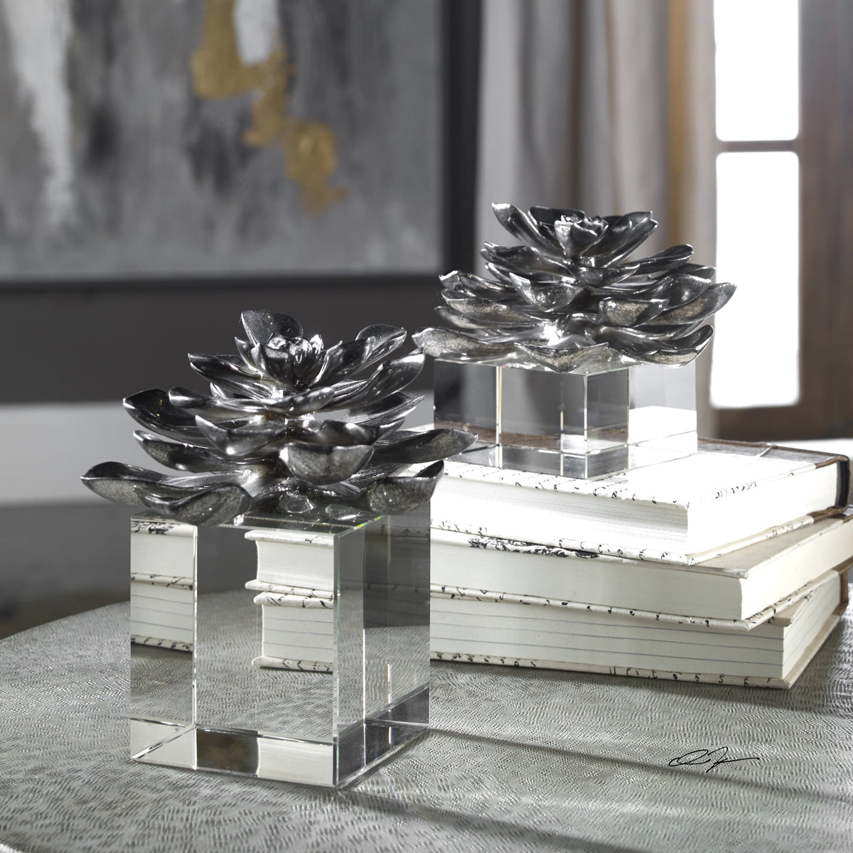 Uttermost Accessories Indian Lotus Metallic Silver Flowers S/2 House of Isabella UK