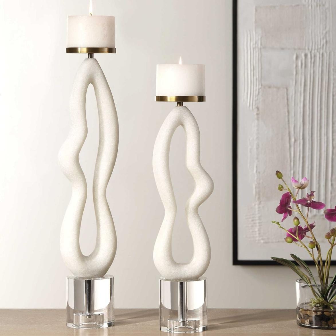 Uttermost Feamelo Ivory Stone Candleholders, Set of 2.