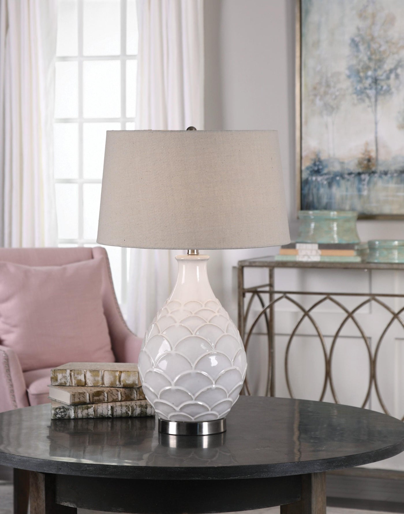 Uttermost Lighting Camellia Glossed White Table Lamp House of Isabella UK