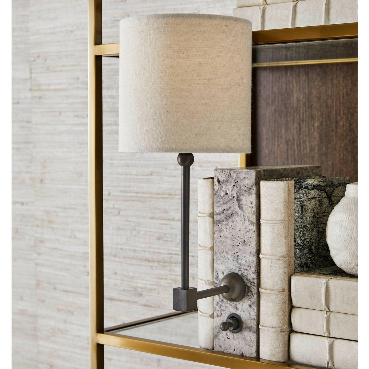 on a Shelf Mini Lamp - Travertine/bronze.