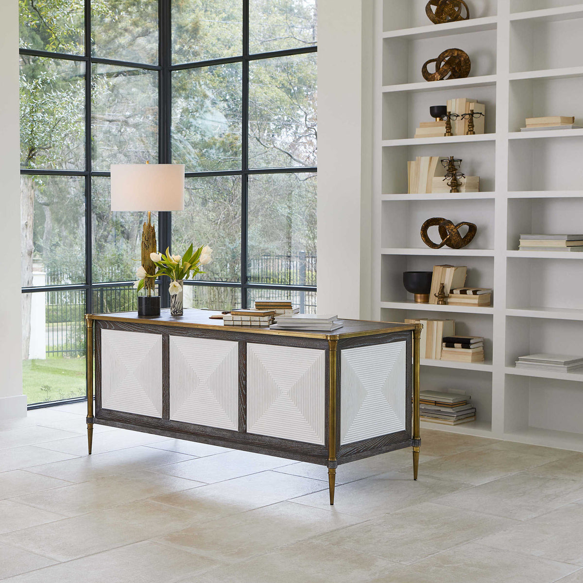Uttermost Living Let It Drop Fluted Oak Writing Desk with Brass Accents House of Isabella UK