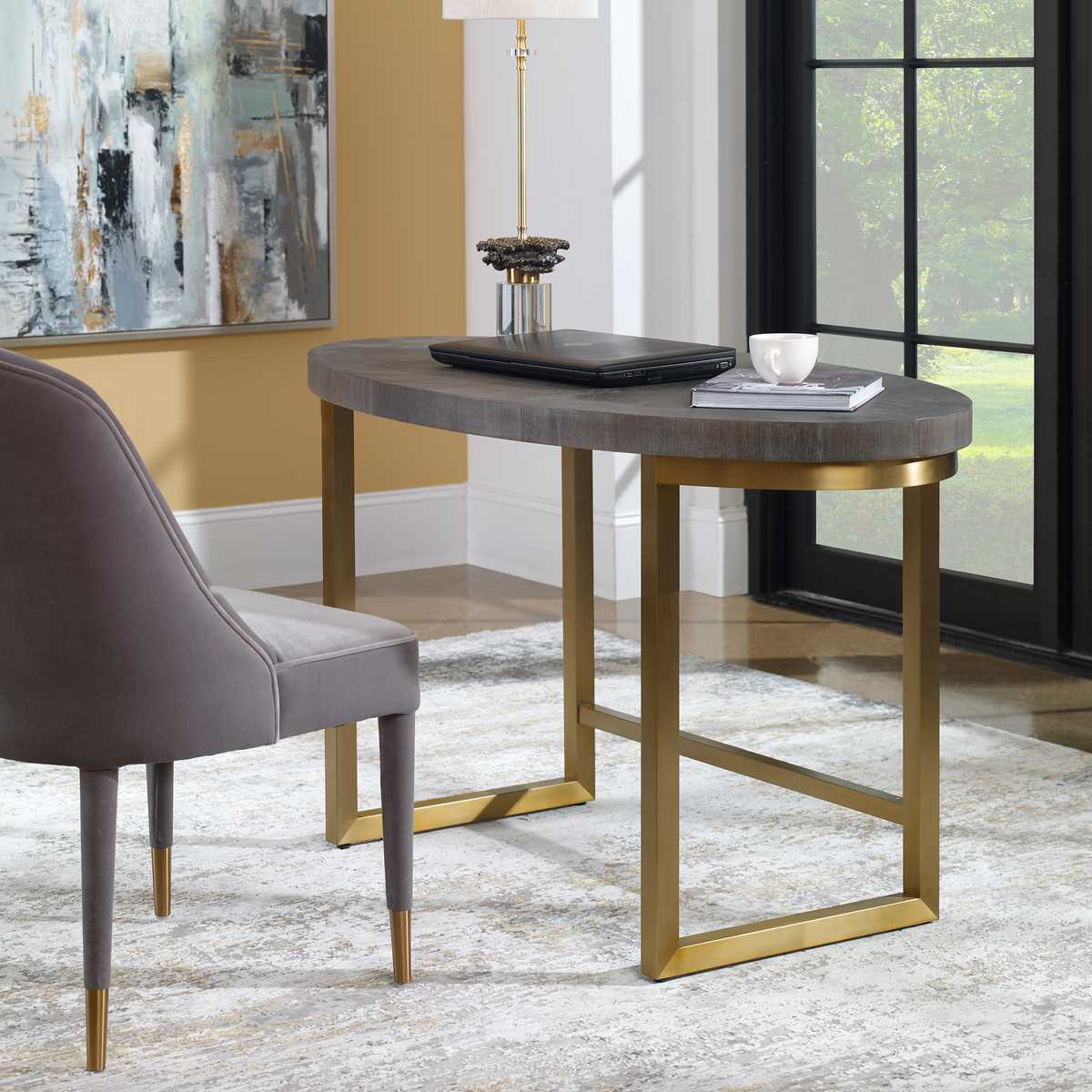 Uttermost Living Taja Oval Writing Desk in Dark Walnut and Brushed Brass House of Isabella UK