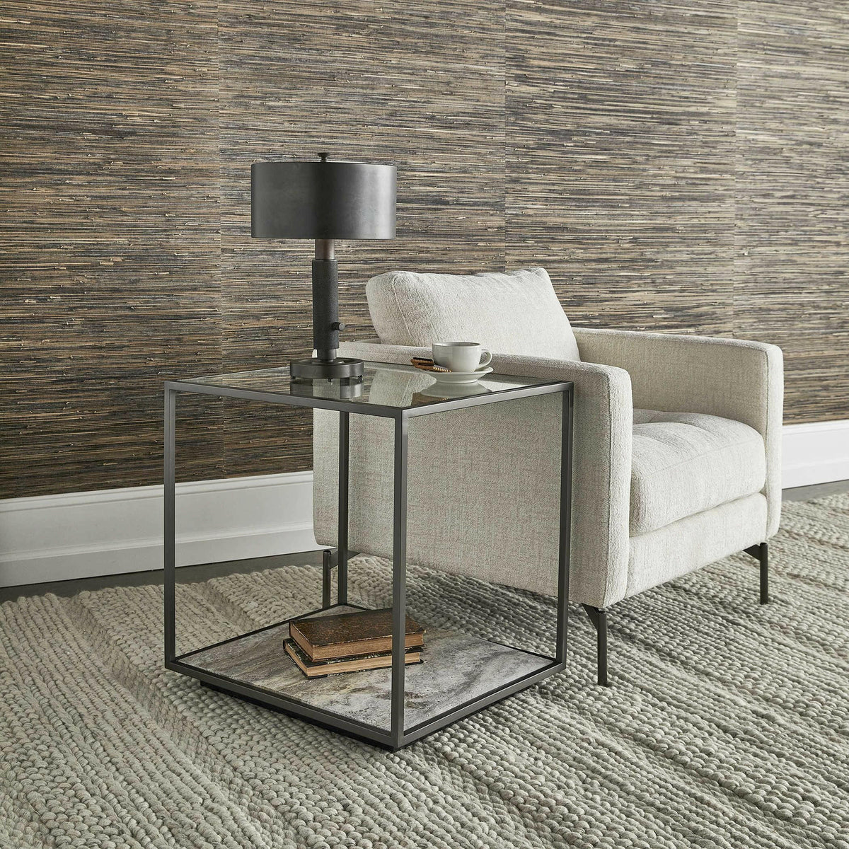 Floating Plane End Table - Travertine/bronze.