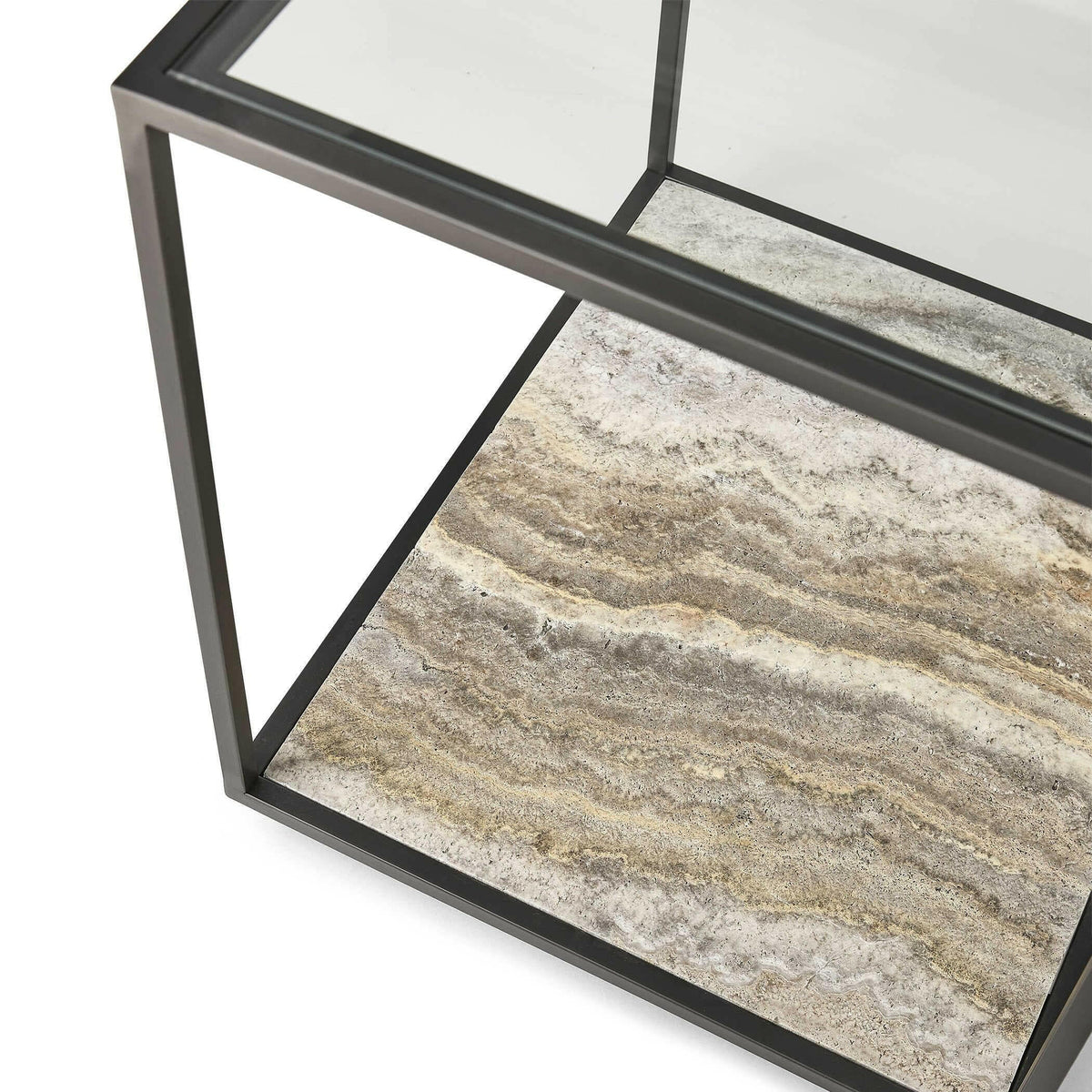 Floating Plane End Table - Travertine/bronze.