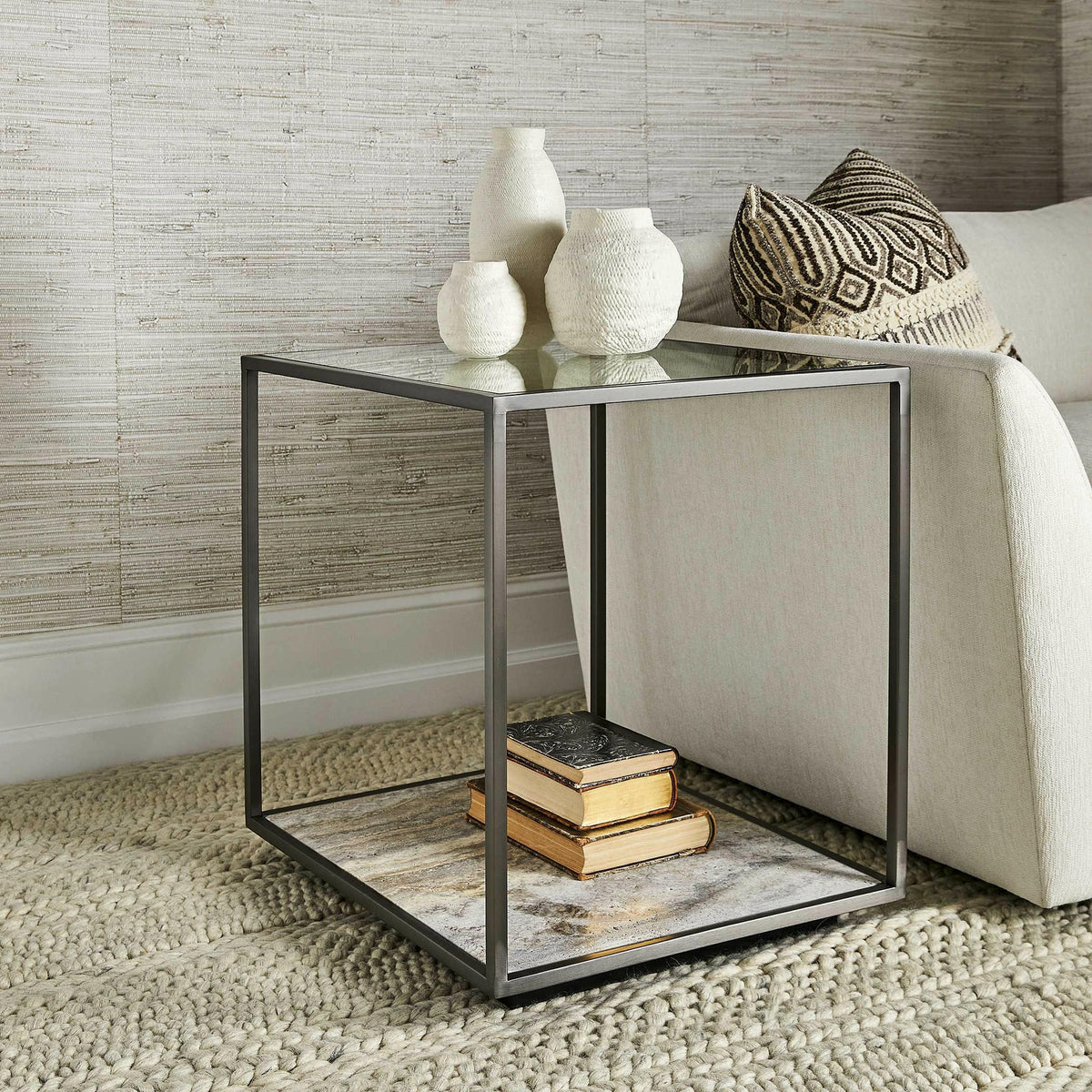 Floating Plane End Table - Travertine/bronze.