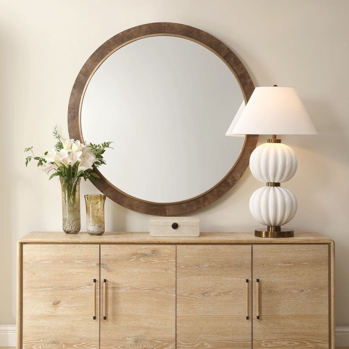 Uttermost Mirrors Cleveland Round Mirror in Burl Wood House of Isabella UK