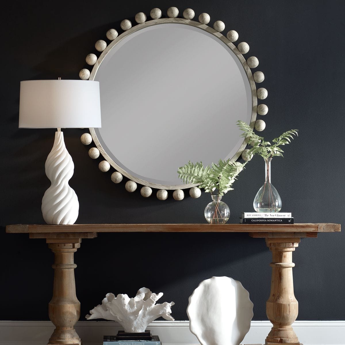 Uttermost Mirrors Cyra Round Wood Mirror in Aged Ivory House of Isabella UK