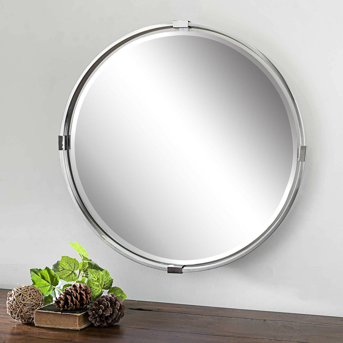 Tazlina Brushed Nickel Round Mirror.