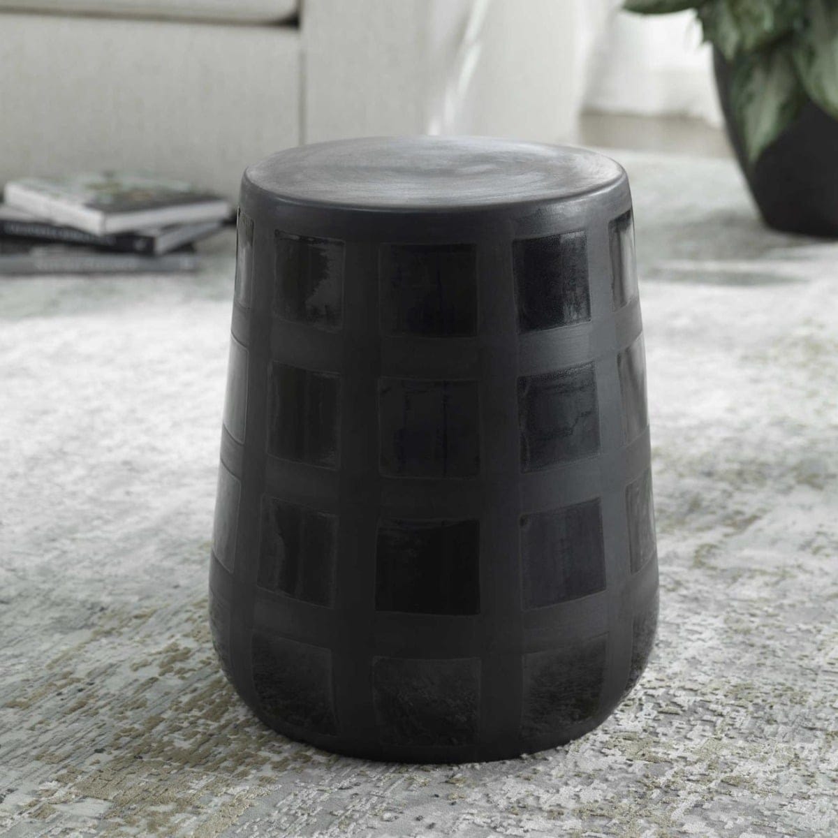 Uttermost Outdoors Patchwork Gridded Black Garden Stool House of Isabella UK
