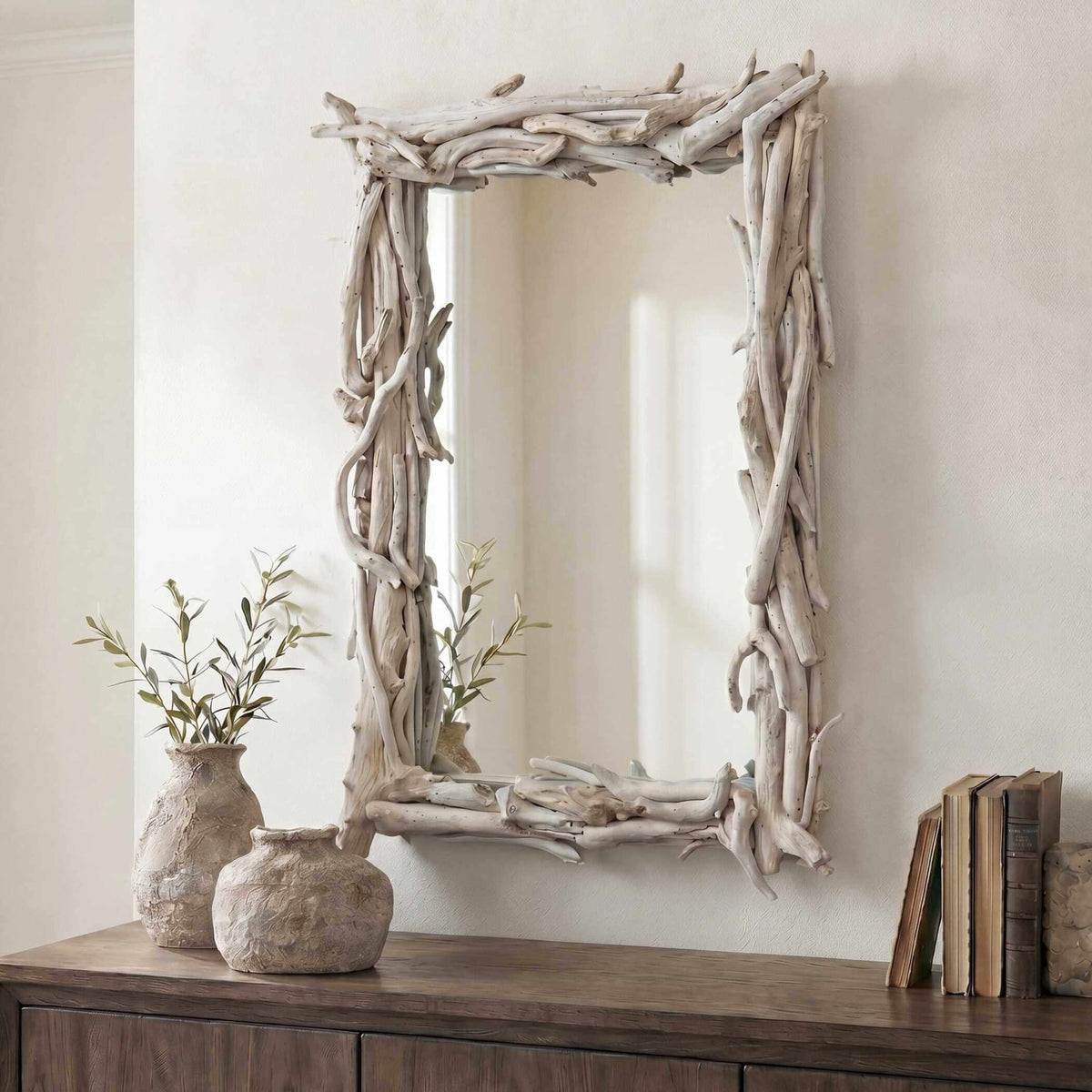 Rooted Reflection Bleached Teak Rectangular Mirror
