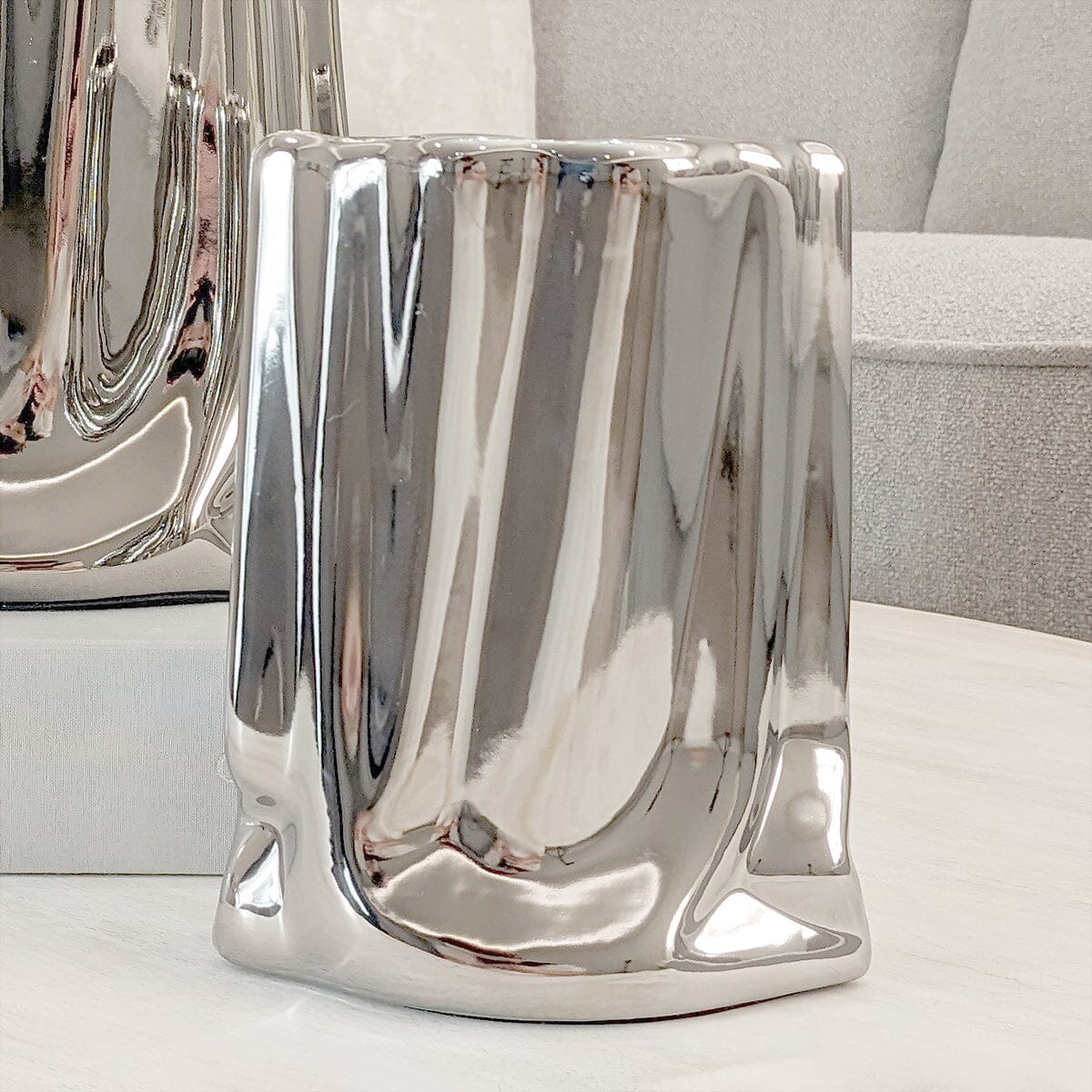 Vega Petite Paper Bag Style Silver Ceramic Vase