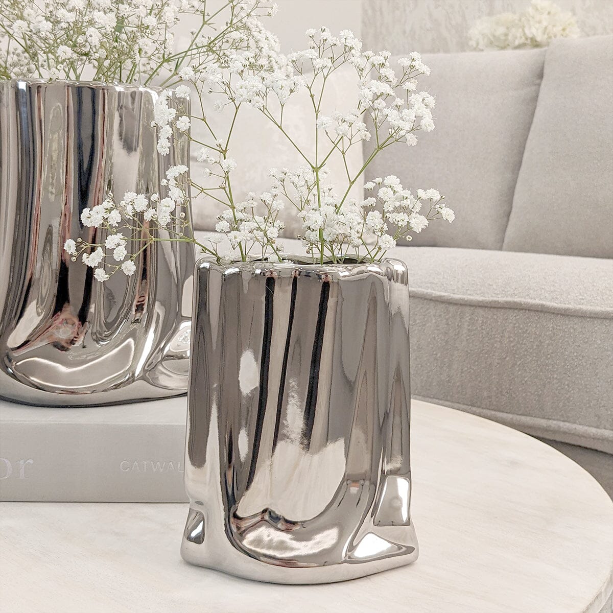 Vega Petite Paper Bag Style Silver Ceramic Vase