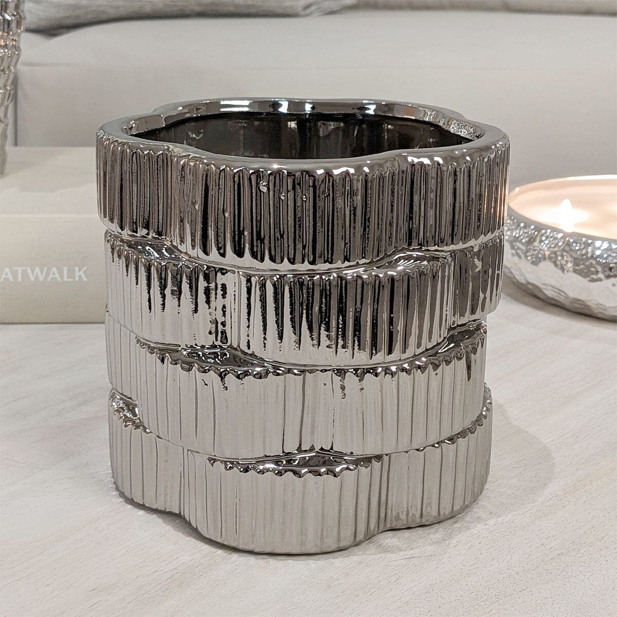 Willow Silver Ribbed Ceramic Planter