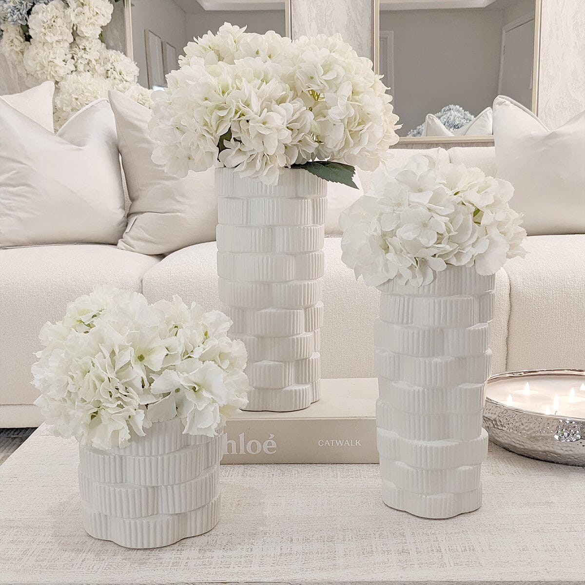 Willow White Ribbed Ceramic Vases - Set of 3