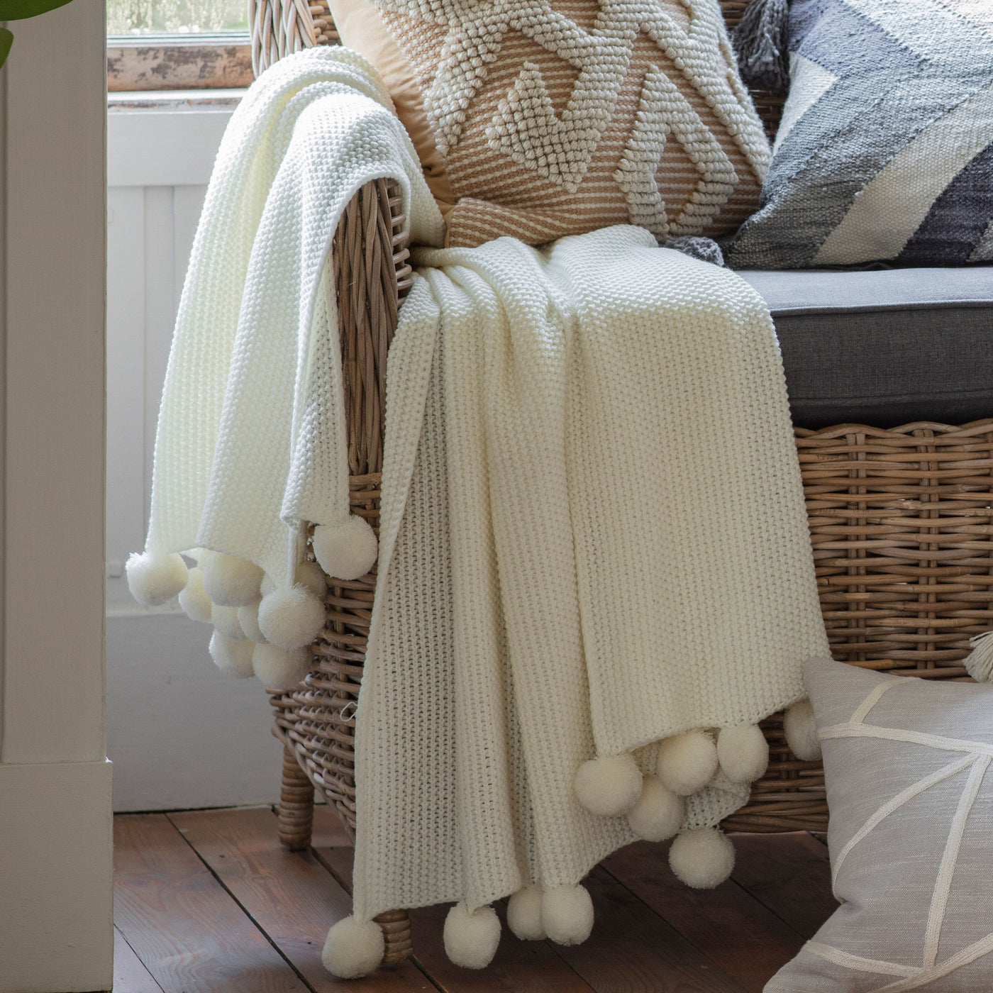 Bodhi Accessories Dubwath Stitched Pom Pom Throw Cream House of Isabella UK