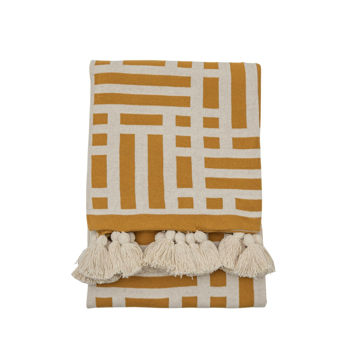 Devoran Knitted Tassel Throw Ochre.
