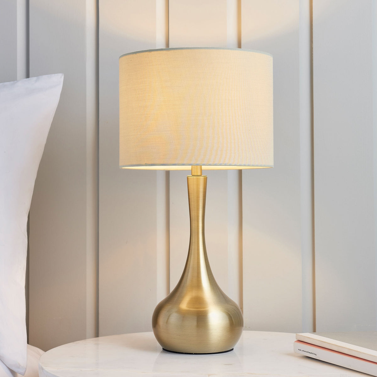 Esher Table Lamp Brass & Taupe.