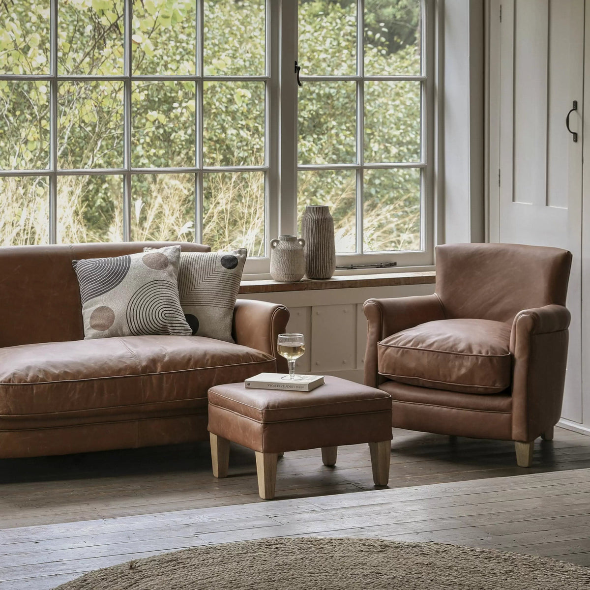 Dufftown Stool Vintage Brown Leather W550 x D450 x H360mm.