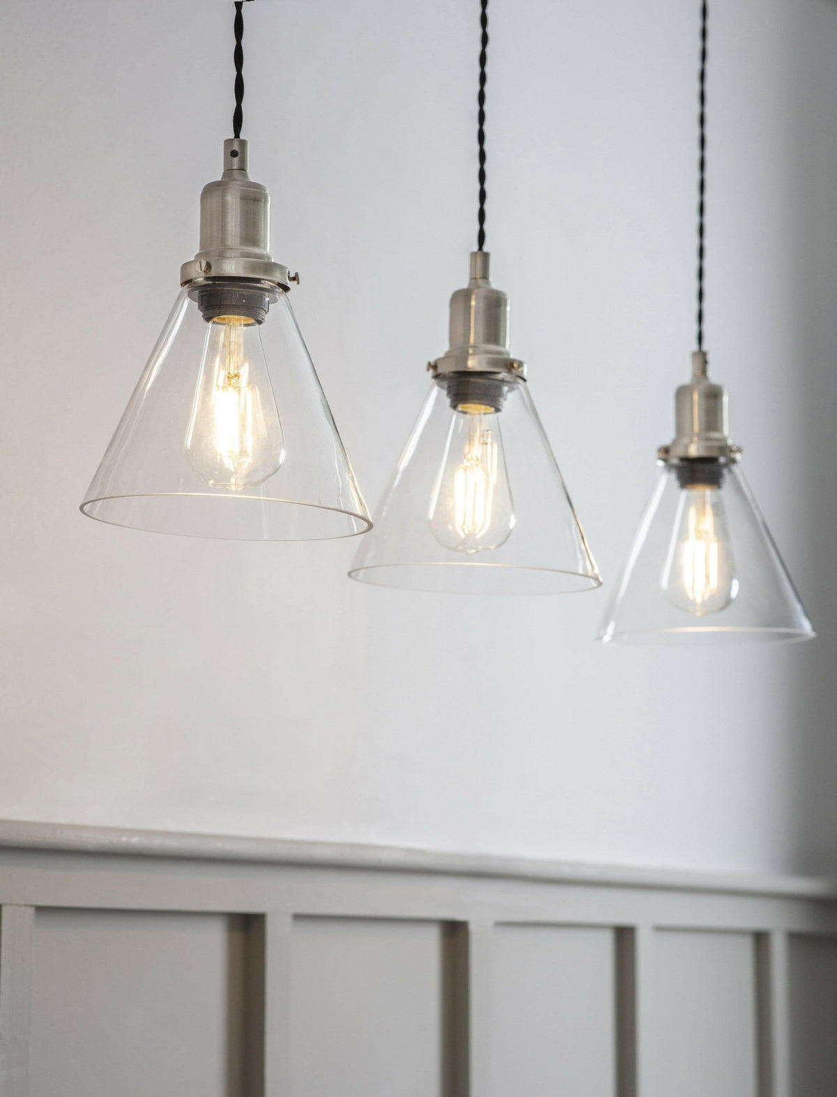 Trio of Hoxton Cone Pendant Light - Satin Nickel.