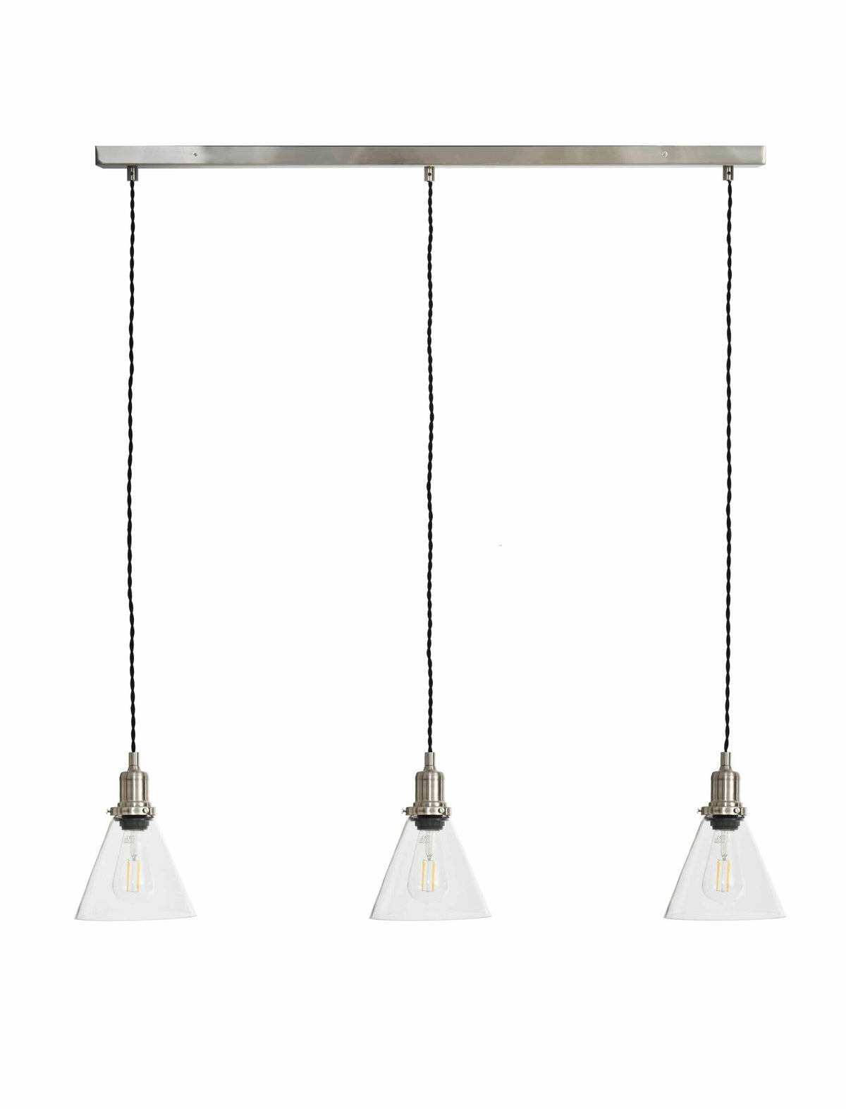 Trio of Hoxton Cone Pendant Light - Satin Nickel.