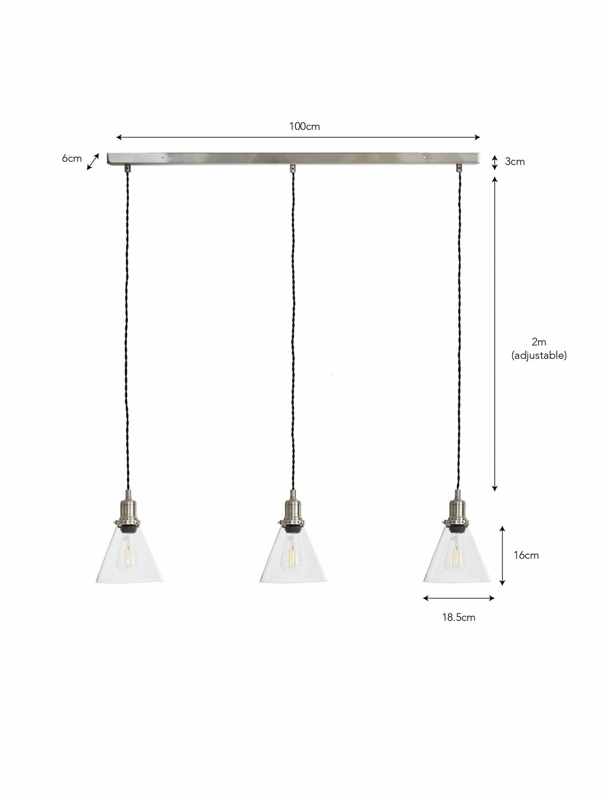 Trio of Hoxton Cone Pendant Light - Satin Nickel.