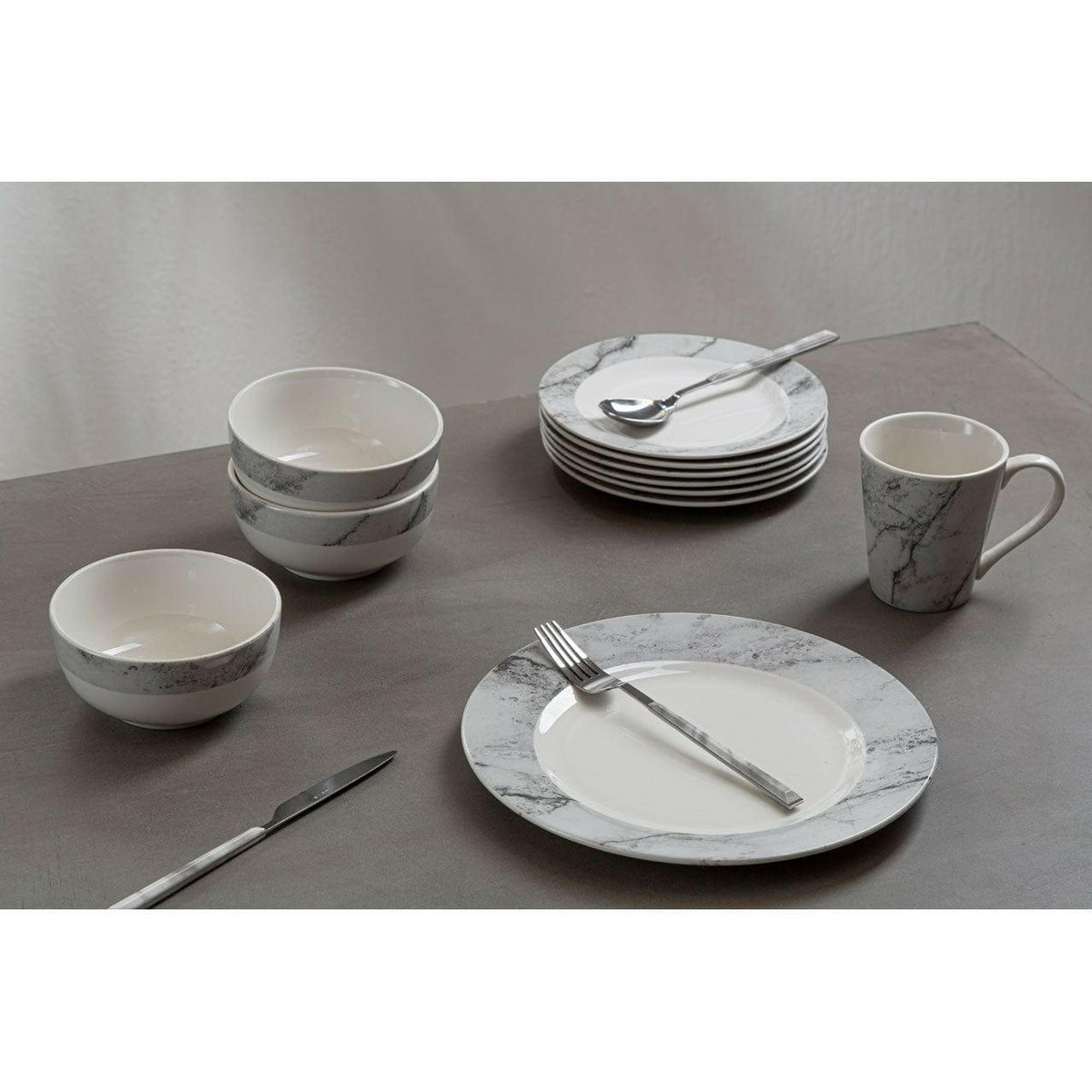 Avie 16Pc White Faux Marble Cutlery Set.