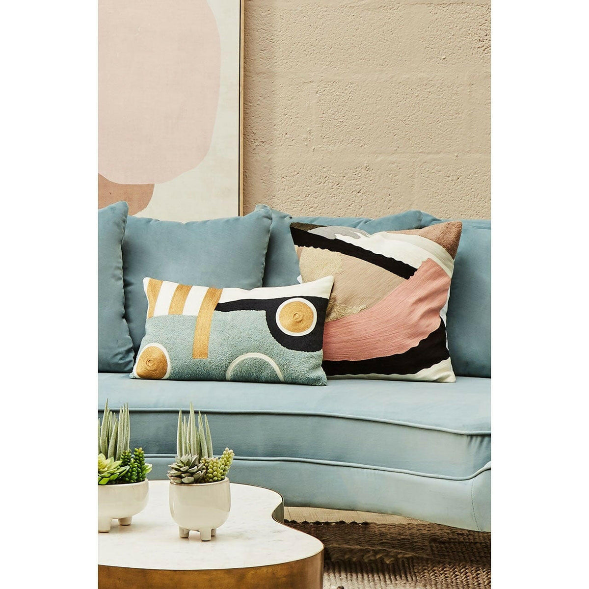 Bowie Ozella Pink Grey And Blue Cushion.