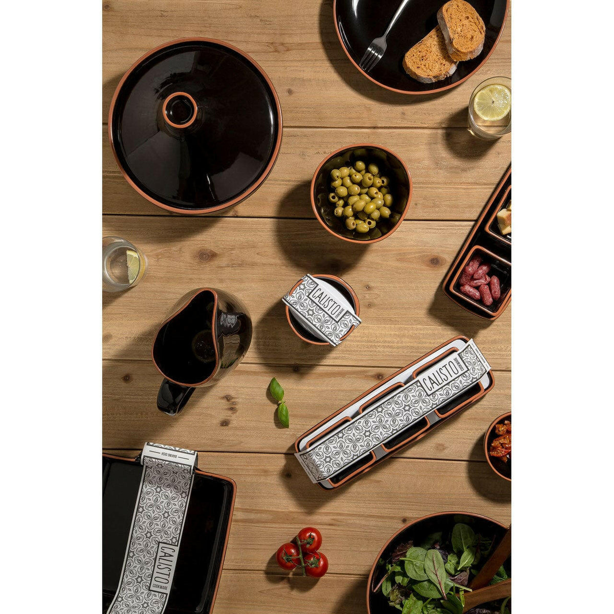 Calisto Black Glazed Dishes On Tray.