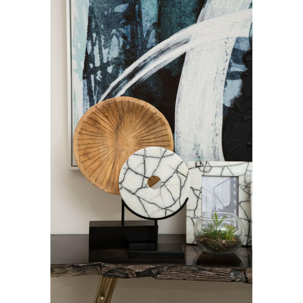 Large Carved Wood Disc On Stand.