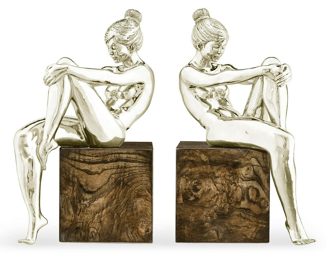 Jonathan Charles Nude Girl Figurine Bookends - White Brass.