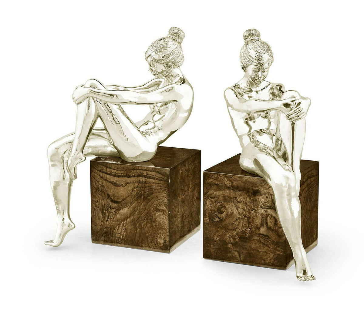 Jonathan Charles Nude Girl Figurine Bookends - White Brass.