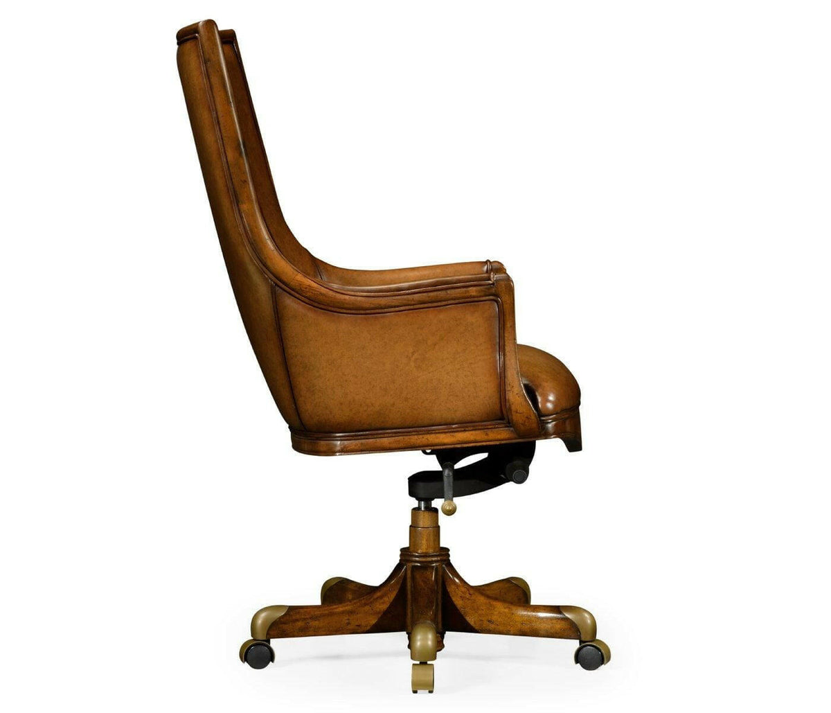 Jonathan Charles Desk Chair Edwardian High Back - Antique Chestnut Leather.