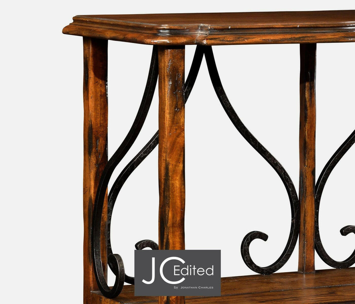 Jonathan Charles Etagere Wrought Iron in Rustic Walnut.