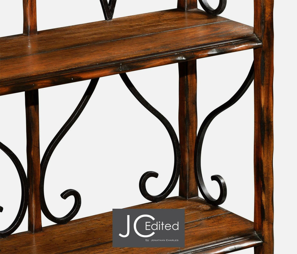 Jonathan Charles Etagere Wrought Iron in Rustic Walnut.
