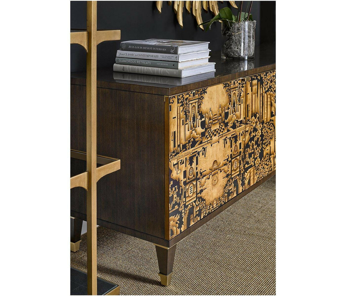 Jonathan Charles Hand Painted Tv Cabinet in Dark Gold Walnut.