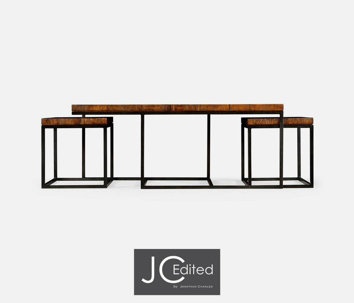 Jonathan Charles Nesting Coffee Table Wrought Iron in Rustic Walnut.