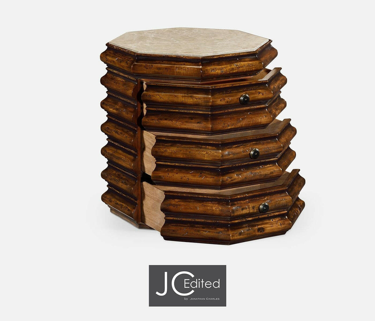 Jonathan Charles Octagon Side Table with Drawers Eclectic - Rustic Walnut.