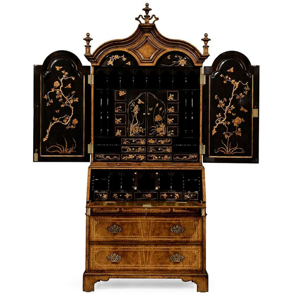 Jonathan Charles Queen Anne Walnut Bureau with Chinoiserie Interior.