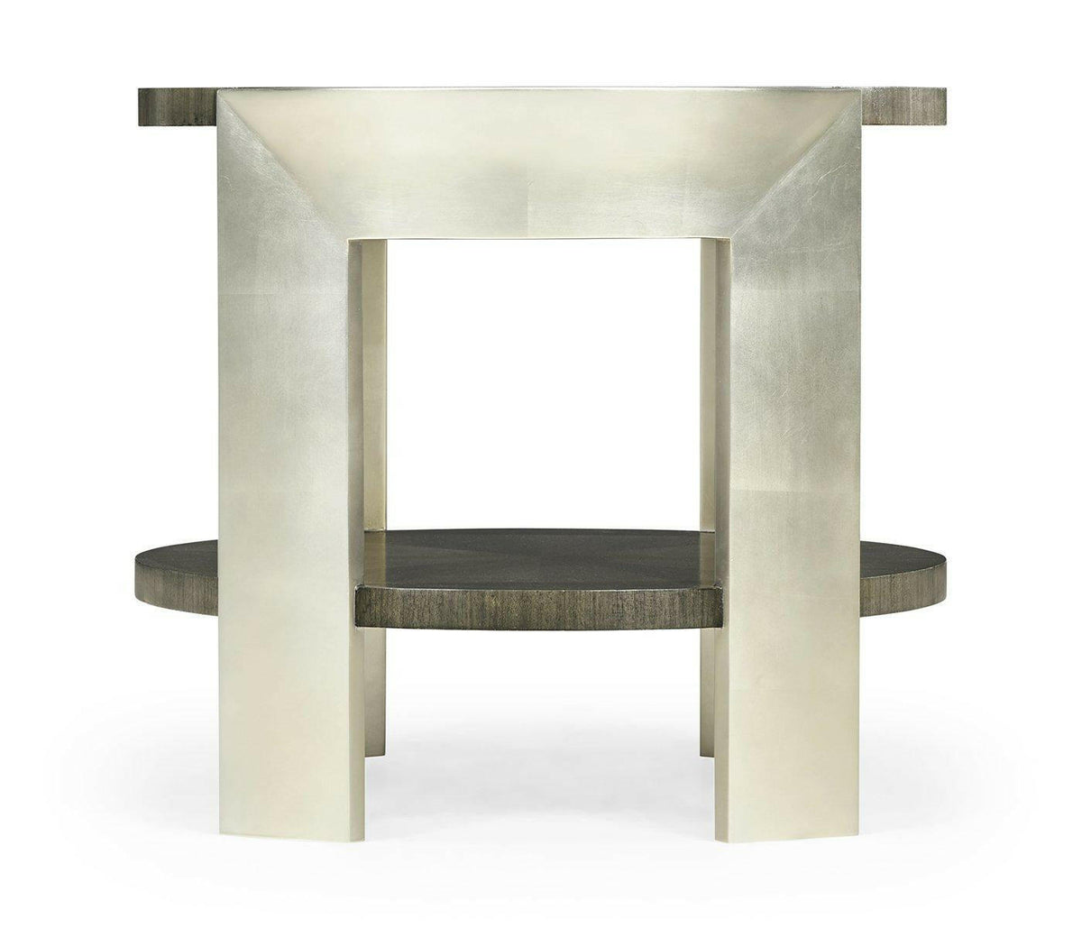 Jonathan Charles Round End Table in Dark Grey Walnut.