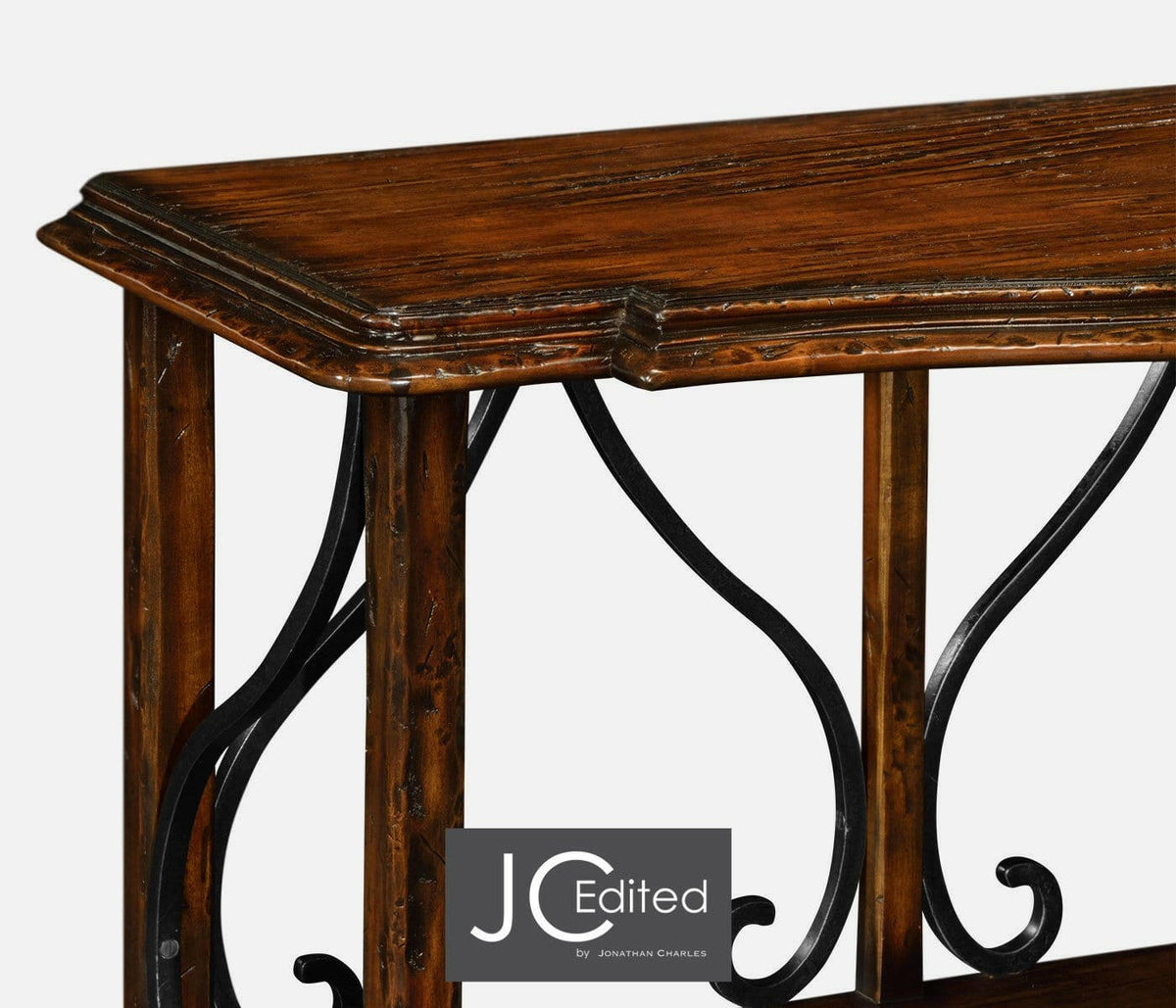 Jonathan Charles Shelving Unit Wrought Iron in Rustic Walnut.