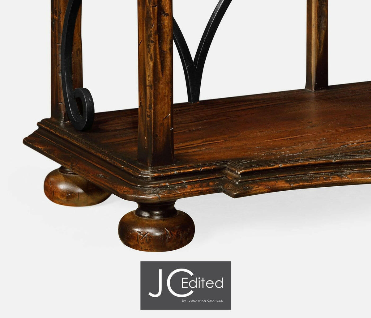 Jonathan Charles Shelving Unit Wrought Iron in Rustic Walnut.