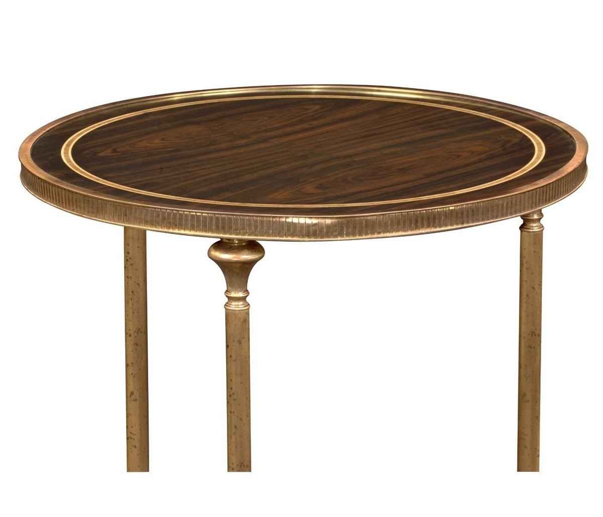 Jonathan Charles Small Round End Table Dark Santos with Brass Legs.