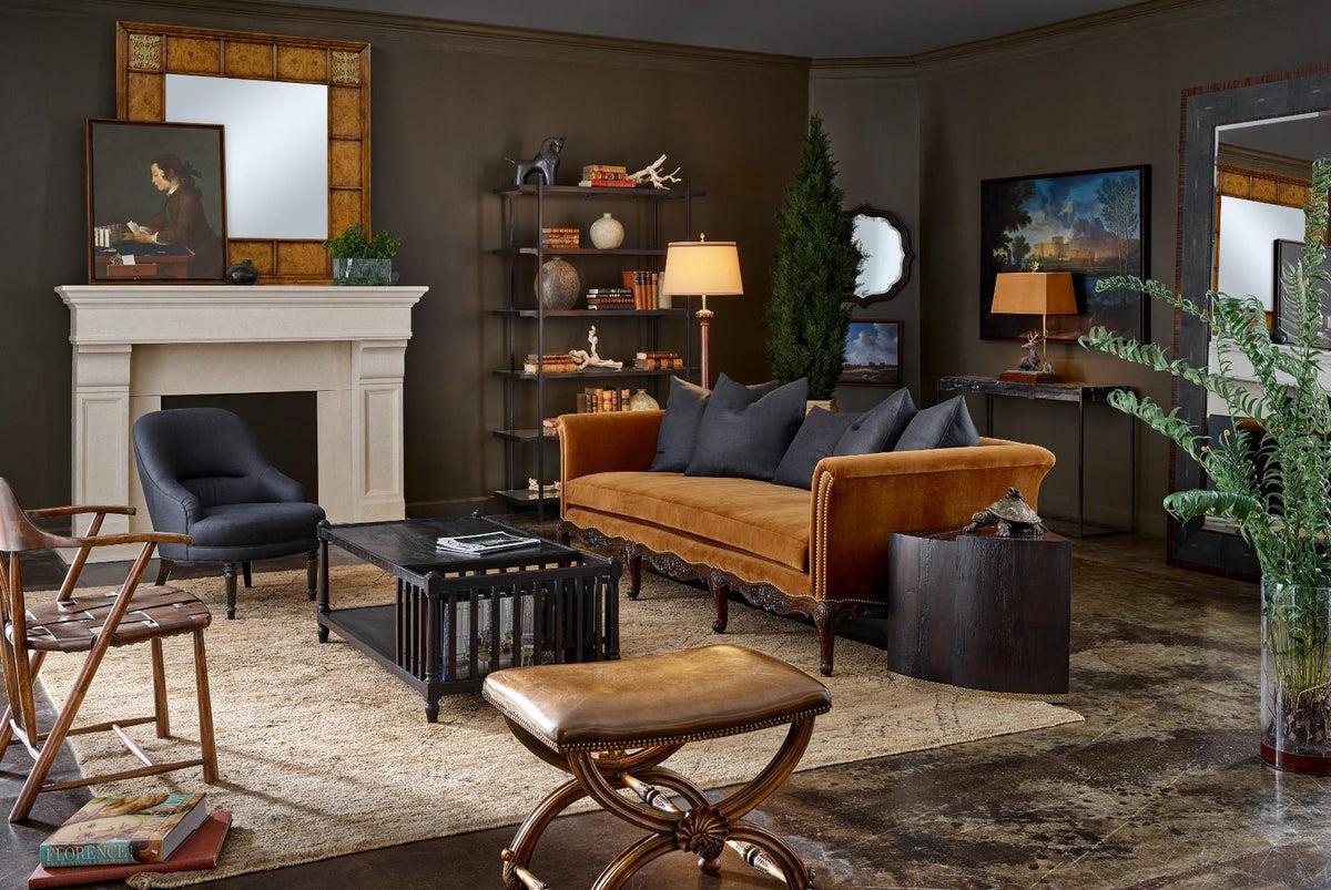 Jonathan Charles Stool with Scallop Shell in Walnut - Dark Chestnut Leather.