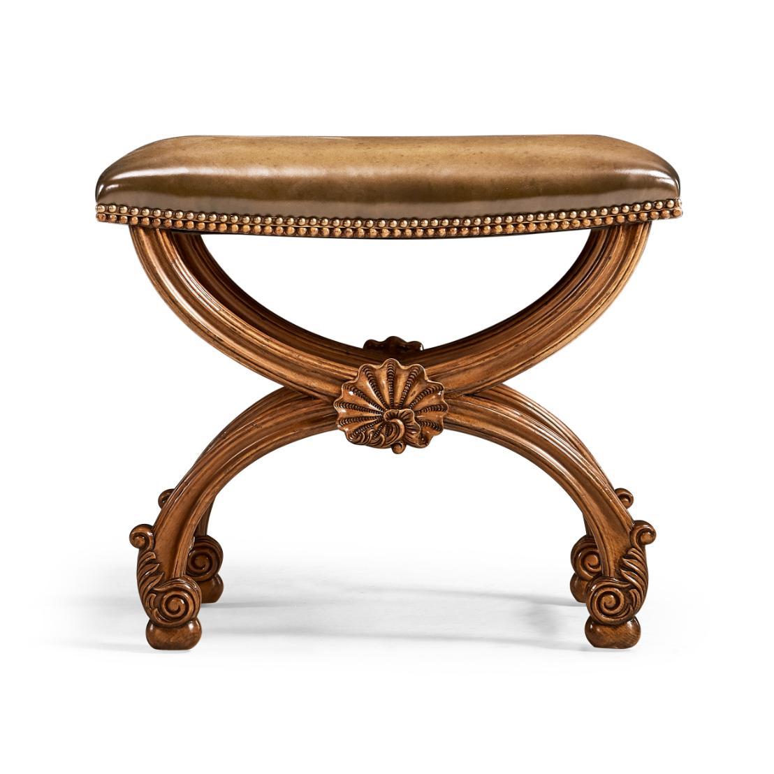 Jonathan Charles Stool with Scallop Shell in Walnut - Dark Chestnut Leather.