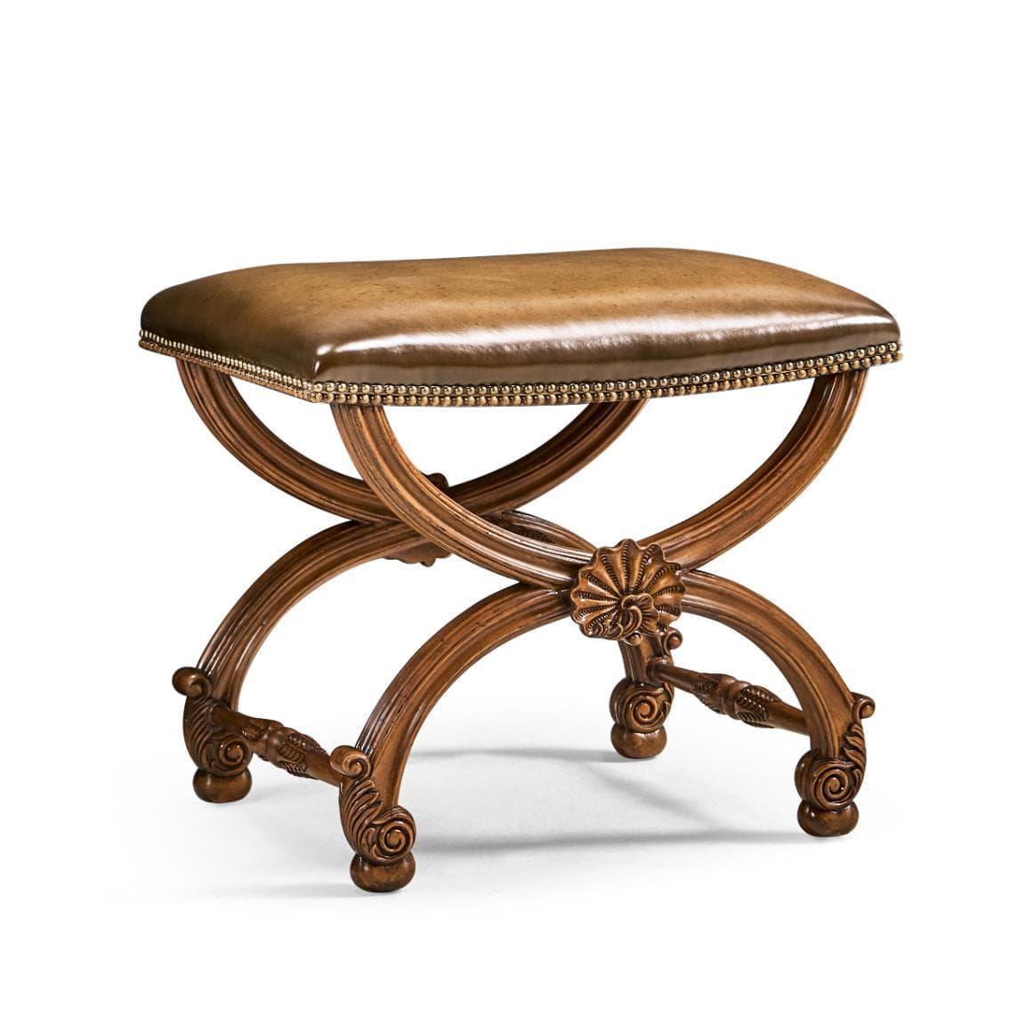 Jonathan Charles Living Jonathan Charles Stool with Scallop Shell in Walnut - Dark Chestnut Leather House of Isabella UK