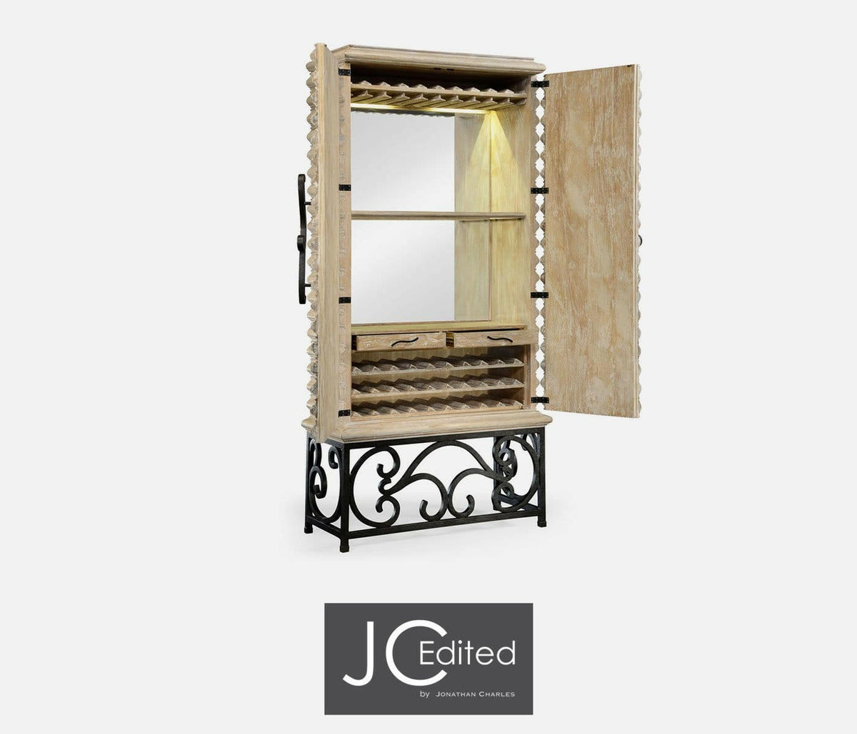 Jonathan Charles Wine Cabinet with Wrought Iron Base - Limed.
