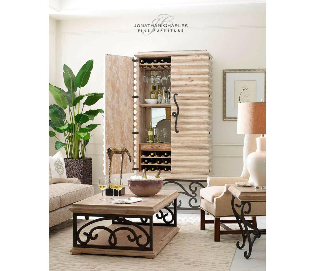 Jonathan Charles Wine Cabinet with Wrought Iron Base - Limed.