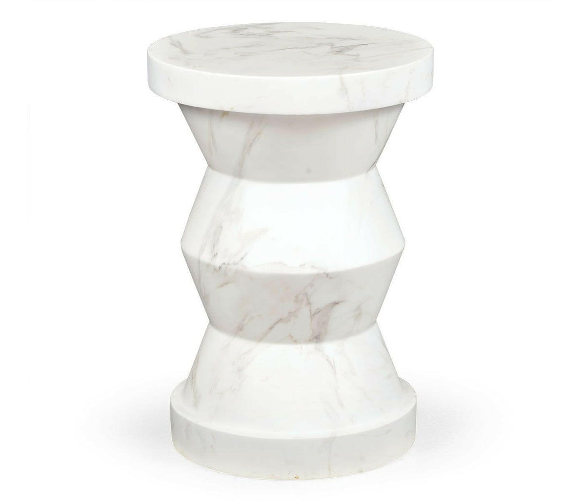 Jonathan Charles Charles Outdoor Round Geometric Wine Table in Faux White Marble.